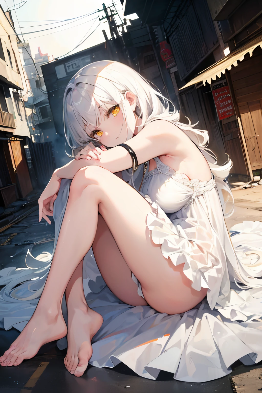(RAW photo: 1.2), ((masterpiece)), (top-quality), 1girl, beautiful white hair, yellow eyes, white long dress, (curled up:1.2), profile, hugging own legs, looking at viewer, \nfull body, depth of field, \nfloating in the Slum street corner