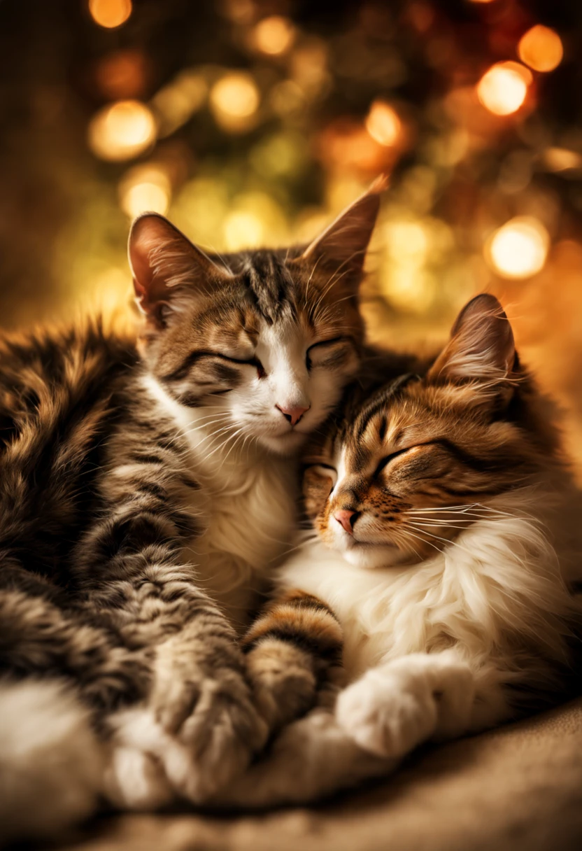 Extremely realistic photo of adorable mouse and cat sleeping together recumbent ,Christmas decore, "HDRI, Rembrandt Lighting, f/8.5, 10mm Lens" Neo photographic pictorialism style.
