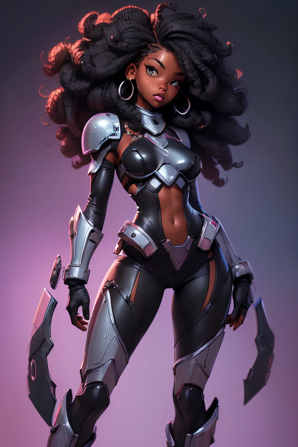 (((sfw, sexy black girl, medium breasts, black skin, slim body))), sci-fi, cropped armor, full body dynamic action pose, spaceship as background, slim body, Mandalorian hunter, full body, multicolored, curly, frizzy, modern hair, modern accessories, pastel background, colorful and simple,post-apocalypic_fashion