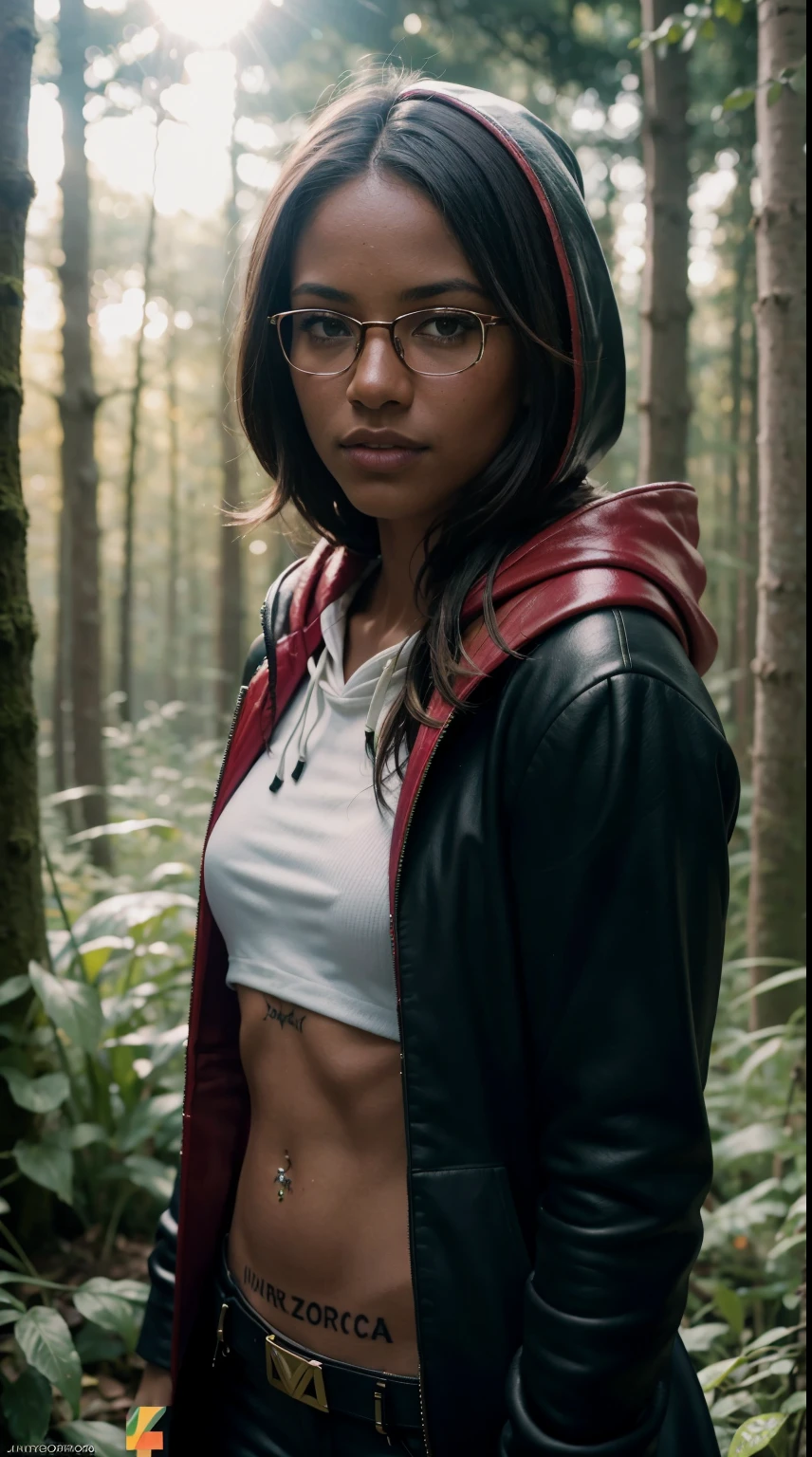 38 years old, gorgeous cute  Brazilian girl, smirk, freckles, (dark skin:1.5), close-up portrait of NewLaraCroft in a forest, (backlight), realistic, masterpiece, highest quality, ((red hooded cloak)), ((scared )), lens flare, shadow, bloom, (( flashes of light)), [chromatic aberration], by Jeremy Lipking, by Antonio J. Manzanedo, by (Alphonse Mucha), digital painting, punk girl wearing glasses and a dark shirt, blurred green grass and trees in the background, short brown hair, detailed face, high quality, high resolution, famous woman, good young girl, (masterpiece:1.0),(best_quality:1.0), ultra high res,4K,ultra-detailed, photography, 8K, HDR, highres, absurdres:1.2, Kodak portra 400, blurry background, bokeh, lens flare, (vibrant_color:1.2),professional photograph, (the_tattoo:1.4), (beautiful_face:1.5),(narrow_waist).