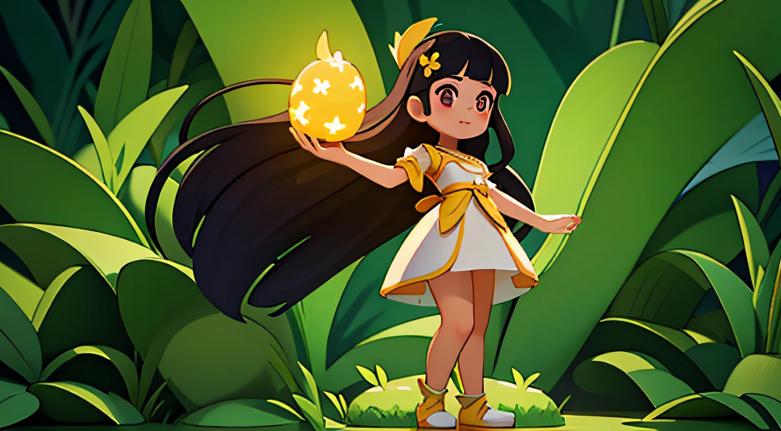 a panoramic shot of a southeast asian teen princess with long dark hair in a white dress standing in front of a glowing pineapple in a mystical fantasy forest.
