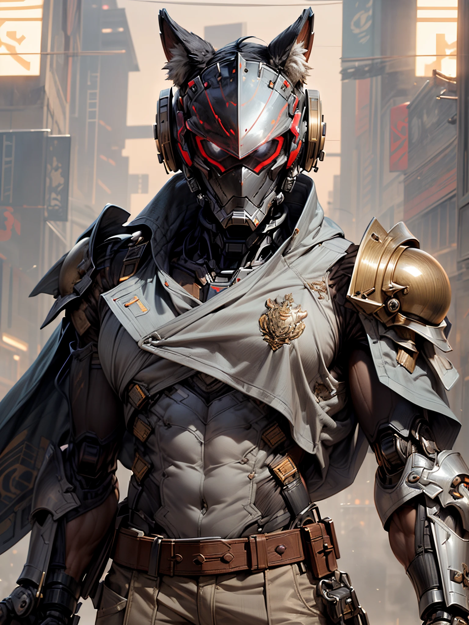 (((An epic and visually stunning digital anime masterpiece featuring a sylphlike masculine ((male:1.5)) decorated military soldier wolf furry clad in a sleek yet tactical armored yet decorated leather military trench coat:1.2))), (((flat masculine male chest:1.5, mechanical mecha knight head with a narrow visor:1.5))), (((the character is adorned in a (scifi tactical armored open front trench coat with a built in exoskeleton, hood pulled up) (over a form fitted armor plated yet super sleek and revealing under suit with waist cut outs), the armor plating on the upper arms and shoulders beautifully engraved))):1.4. The image showcases the intricacies of the character’s armor and clothing:1.5, ((capturing their flamboyant essence and heavy mecha aesthetic:1.2)). The character also possesses an androgynous charm, (((with slim yet heavily muscled physique:1.2, sylphlike with a sleek waist, toned yet beautifully sleek cybernetic arms:1.3, mechanical arms and legs:1.3, mecha muscles:1.3))), looking at viewer, (((brass metal armor and brown leather, dieselpunk:1.3)))
