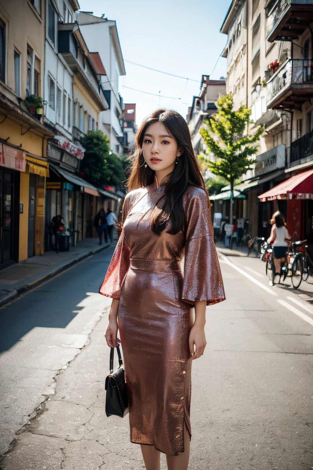 (8K, ultra-high resolution:1.1) Nguyen, an 18 year old, lively Vietnamese girl, exudes youthful charm in a modern Vietnamese-inspired outfit. She wears a stylish áo dài with contemporary patterns and designs, shows her fashion sense. The high-resolution image captures ultra-detailed realism, Hervorhebung von Nguyens bezaubernden braunen Augen, makelloser Teint, und lange schwarze Haare. The urban setting, with its colorful street art and bustling cityscape, adds a touch of youthful energy, Schaffung einer visuell fesselnden Darstellung von Nguyens modernem vietnamesischen Stil.