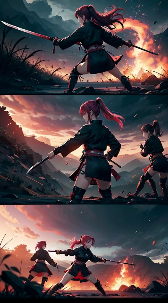 (((Three girls duel))) A red hair female samurai, fighting with her sword against a short black hair female Ninja, and a pink hair Chinese girl is fighting with both girls too, they are all fighting against each other in this Ancient Asian battlefield, dark clouds, a heavy rain falling during the battlein the late afternoon. 4k, unreal engine, cinematic, high quality image