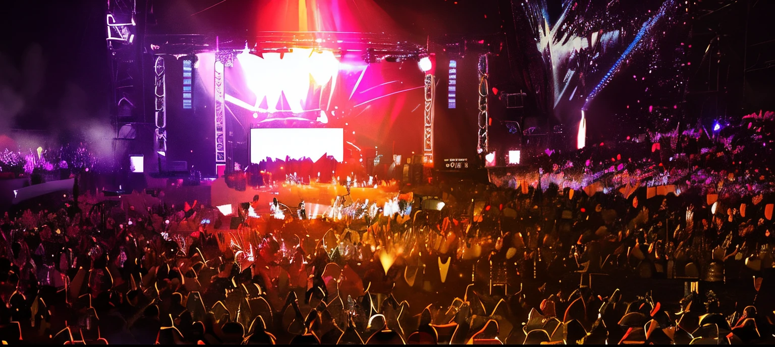 During the concert, elaborate stage effects, an outdoor festival stage, Nice lights, Lasers are all over the scene, festivity, concert photo, live concert lighting, music festival, concert, concert lights, ultra very long shot, Giant LED screen, LED display, large screens, concert lights, a person at a music festival