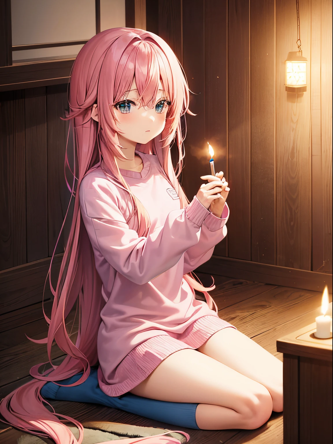 Cute anime girl, long pink hair, blue-pink gradient eyes, pink sweater, pink short skirt, blue striped green socks, nighttime, in an old dark wooden house, wooden walls, candle lights, very dark, loose clothes, front view