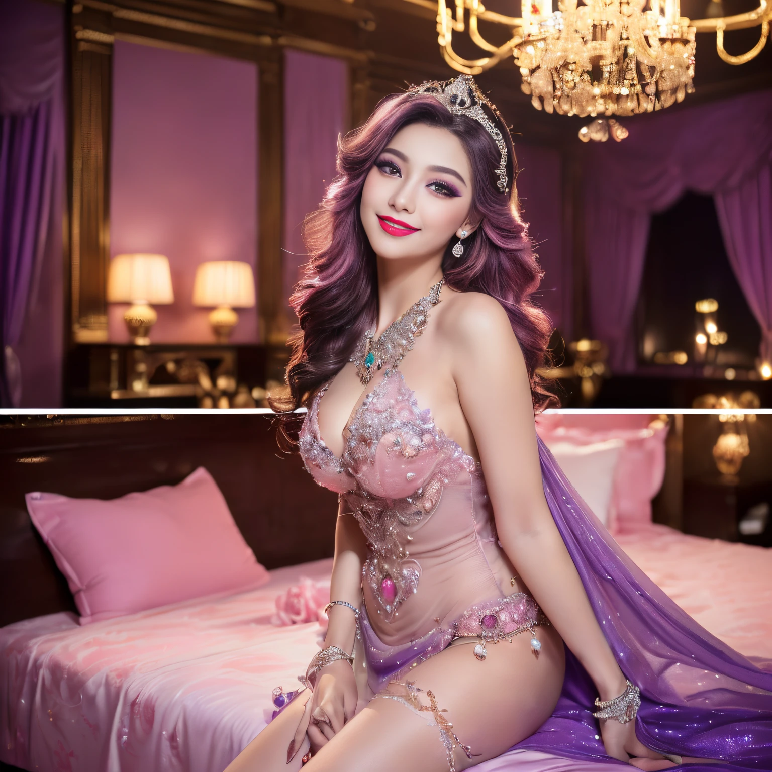 ((top-quality、masutepiece、8K、Top image quality、Highly complex and detailed depictions))、(Italy's most gorgeous prostitute goddess:1.1)、((The most gorgeous prostitute goddess huge costume、the most vivid and luxurious costumes、big long costume、The unimaginably luxurious bedroom of a goddess、purple and pink gems、(purple and pink goddess bedroom:1.3)、(romantic dark night:1.2)、(pink and purple lighting:1.2)、spectacular movie lighting、A glittering room decorated with jewels、The most luxurious and sparkling goddess's bedroom、mid night、Very complex decoration、very clear goddess bedroom、(View me、Bewitching smile、Perfect makeup、long eyelashes、lipsticks、Pink eyeshadows、perfect anatomia、Biggest smile)