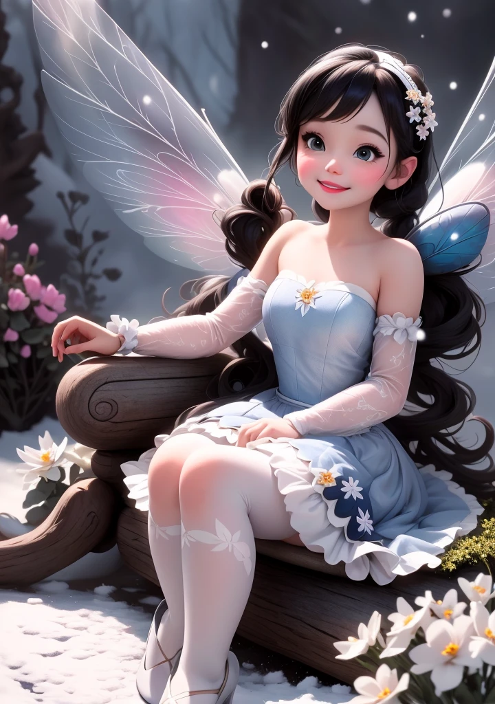 masterpiece, best quality, (TinkerWaifu:1) smiling sitting on frozen flowers, (white skin), (fairy wings), black hair, blue strapless dress, white tights, blue ((lolita pumps)), magic garden at night, sparks floating, falling snow, tinker bell