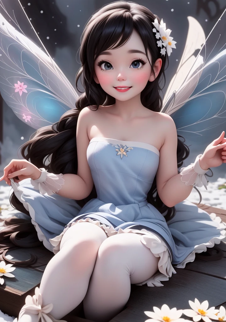 masterpiece, best quality, (TinkerWaifu:1) smiling sitting on frozen flowers, (white skin), (fairy wings), black hair, blue strapless dress, white tights, blue ((lolita pumps)), magic garden at night, sparks floating, falling snow,