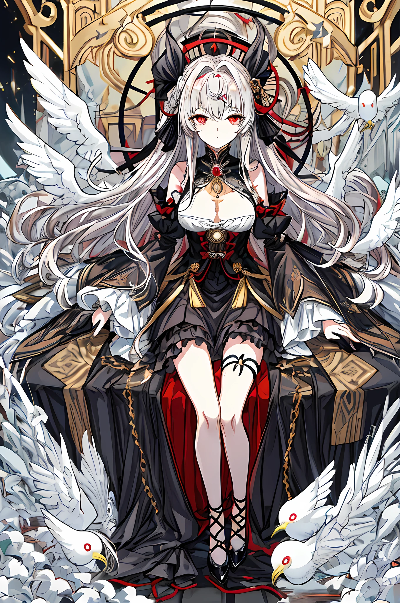 tmasterpiece,(Best quality),The content is very detailed,ultra - detailed, Cold, Alone, (1 busty girl), 詳細な目, Sparkling golden eyes, (longliverhair), face expressionless, (longer sleeves, Fluffy sleeves),, (heavy metal:1.2), (Metal jewelry), Crossover lace-up shoes (Nipple chains), (pigeons:1.2), Hair is dull, Dark coat, 黑The eye, monocle, broken mirror floor, overlooks, (Half tied hair), (Hair rings)，(Hair is dull:1.2) red eyes, hime_Leizu, mediuml breasts, black hair color hair, Black_the hair