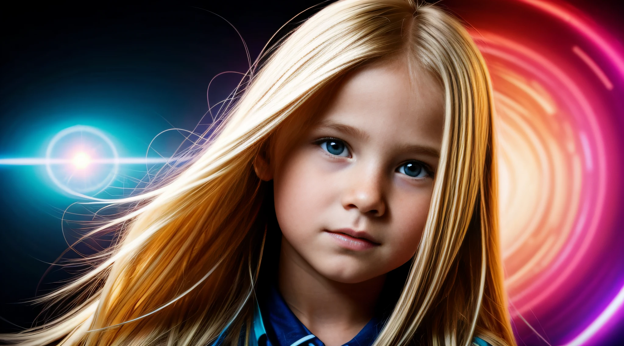 there is a young blonde child with long hair. fechar para cima, neon lights, fundo do buraco negro