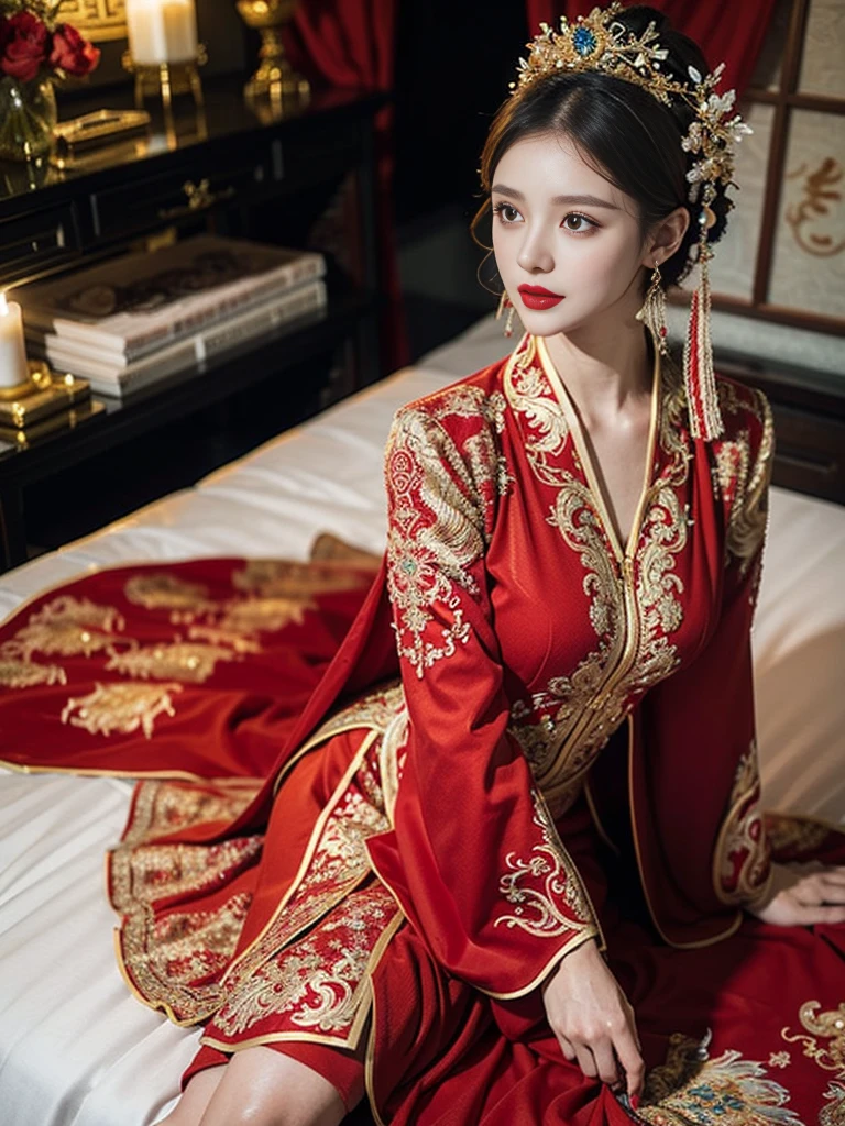 (ultra realistic 8k CG:1.2),perfect artwork,delicate pattern,intricate detail, (unparalleled masterpiece,best quality:1.2),(extremely intricate:1.2),a woman in a red and gold dress, Phoenix crown,hair stick,(sitting on red bed),Cosmetic,blush,shy,black_hair, looking down, Cosmetic,(forehead dot),(2 red candles), chinese_clothes, curtains, earrings, hair_ornament, hanfu, indoors, jewelry, red nails, long_sleeves, red dress, red lips, tassel, (Red quilt),(red palace:1.2),(ancient Chinese architecture),(red:1.8),night