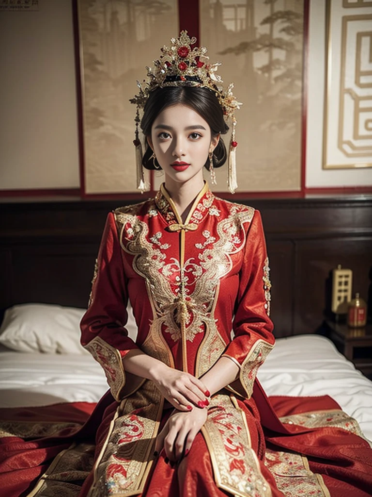 (ultra realistic 8k CG:1.2),perfect artwork,delicate pattern,intricate detail, (unparalleled masterpiece,best quality:1.2),(extremely intricate:1.2),a woman in a red and gold dress, Phoenix crown,hair stick,(sitting on red bed),Cosmetic,blush,shy,black_hair, looking down, Cosmetic,(forehead dot),(2 red candles), chinese_clothes, curtains, earrings, hair_ornament, hanfu, indoors, jewelry, red nails, long_sleeves, red dress, red lips, tassel, (Red quilt),(red palace:1.2),(ancient Chinese architecture),(red:1.8),night