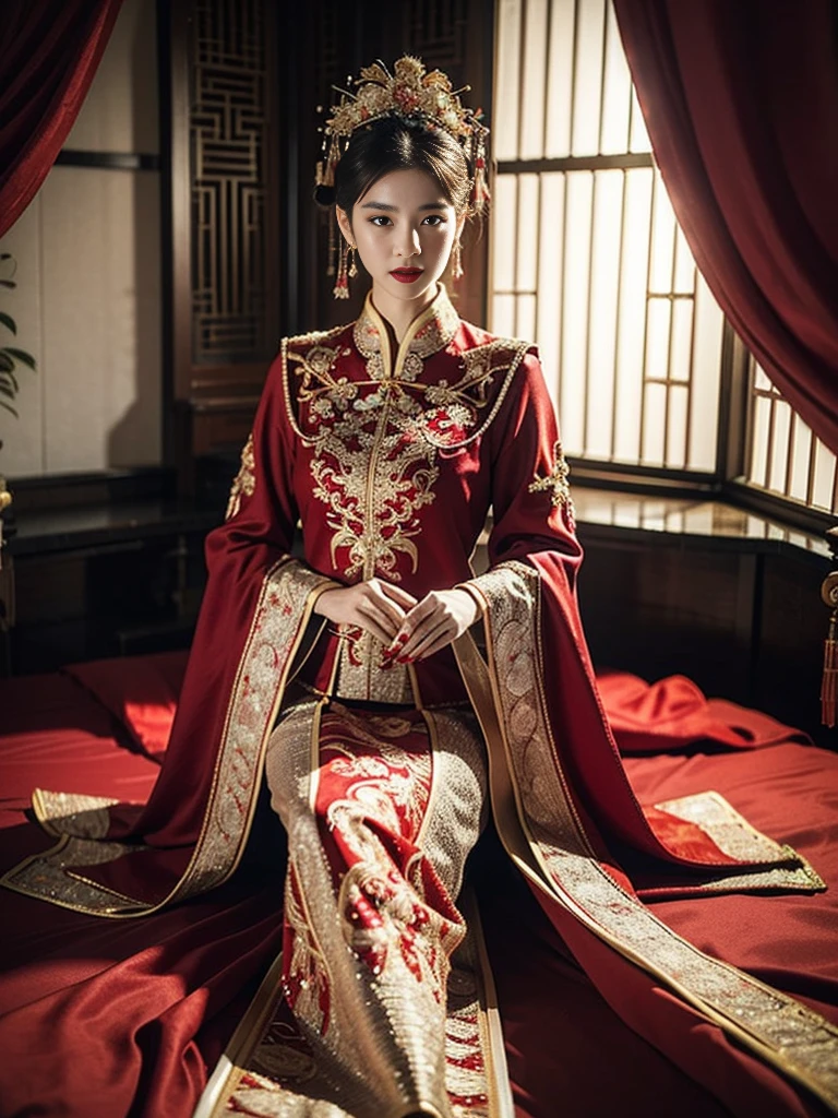 (ultra realistic 8k CG:1.2),perfect artwork,delicate pattern,intricate detail, (unparalleled masterpiece,best quality:1.2),(extremely intricate:1.2),a woman in a red and gold dress, Phoenix crown,hair stick,(sitting on red bed),Cosmetic,blush,shy,black_hair, looking down, Cosmetic,(forehead dot),(2 red candles), chinese_clothes, curtains, earrings, hair_ornament, hanfu, indoors, jewelry, red nails, long_sleeves, red dress, red lips, tassel, (Red quilt),(red palace:1.2),(ancient Chinese architecture),(red:1.8),night