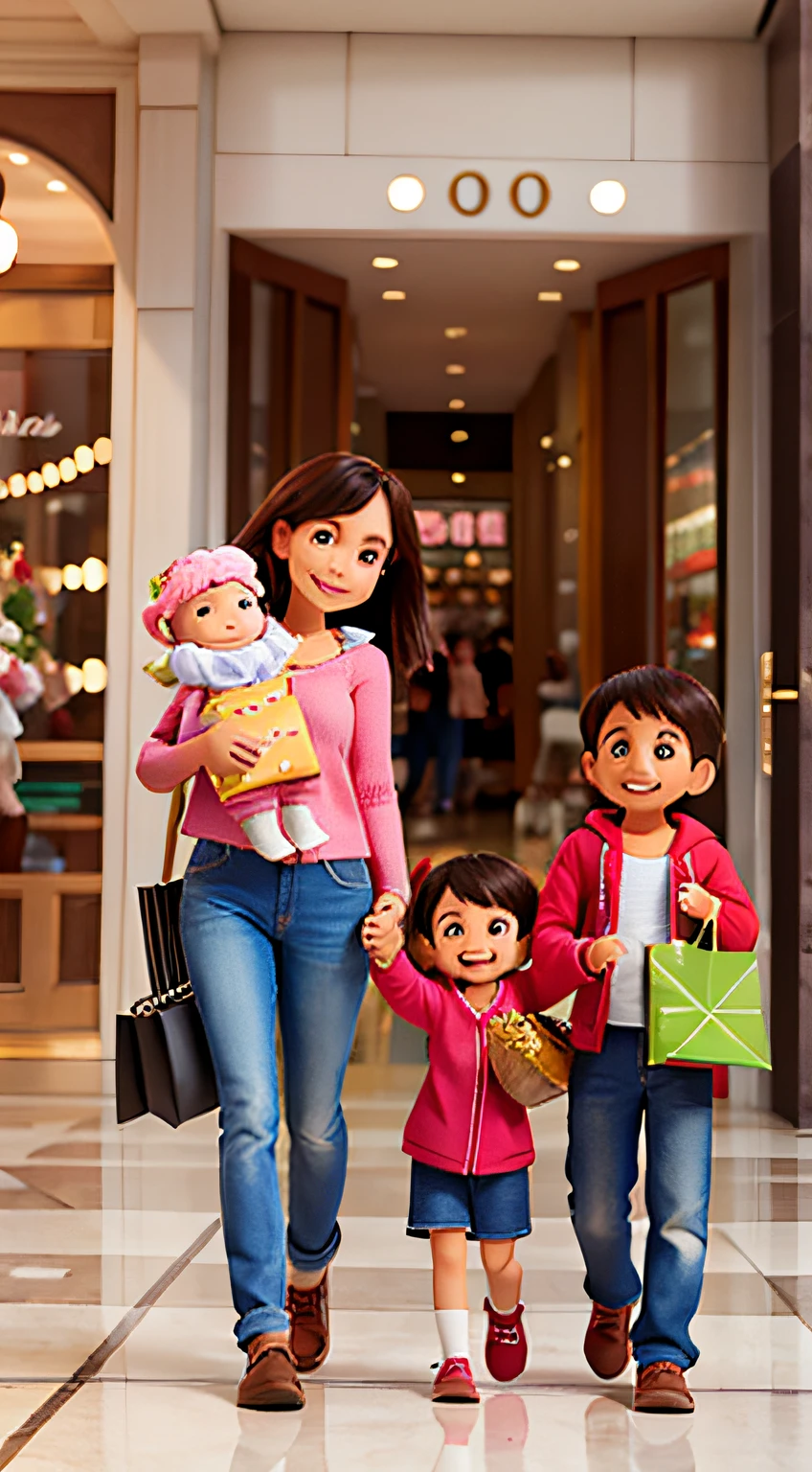 Images of a smiling family shopping in a mall, segurando sacos de presentes.
