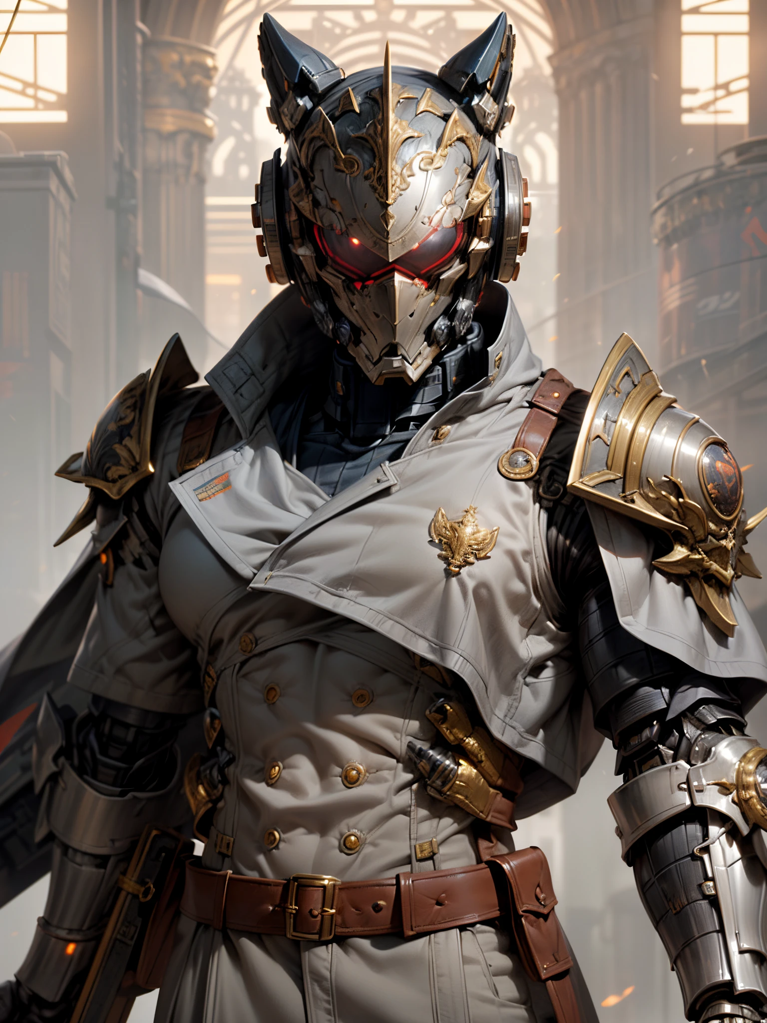 (((An epic and visually stunning digital anime masterpiece featuring a sylphlike masculine ((male:1.5)) decorated military soldier soldier clad in a sleek yet tactical armored yet decorated leather military trench coat:1.2))), (((flat masculine male chest:1.5, mechanical mecha knight head with a narrow visor:1.5))), (((the character is adorned in a (scifi tactical armored open front trench coat with a built in exoskeleton, hood pulled up) (over a form fitted armor plated yet super sleek and revealing under suit with waist cut outs), the armor plating on the upper arms and shoulders beautifully engraved))):1.4. The image showcases the intricacies of the character’s armor and clothing:1.5, ((capturing their flamboyant essence and heavy mecha aesthetic:1.2)). The character also possesses an androgynous charm, (((with slim yet heavily muscled physique:1.2, sylphlike with a sleek waist, toned yet beautifully sleek cybernetic arms:1.3, mechanical arms and legs:1.3, mecha muscles:1.3))), looking at viewer, (((brass metal armor and brown leather, dieselpunk:1.3)))