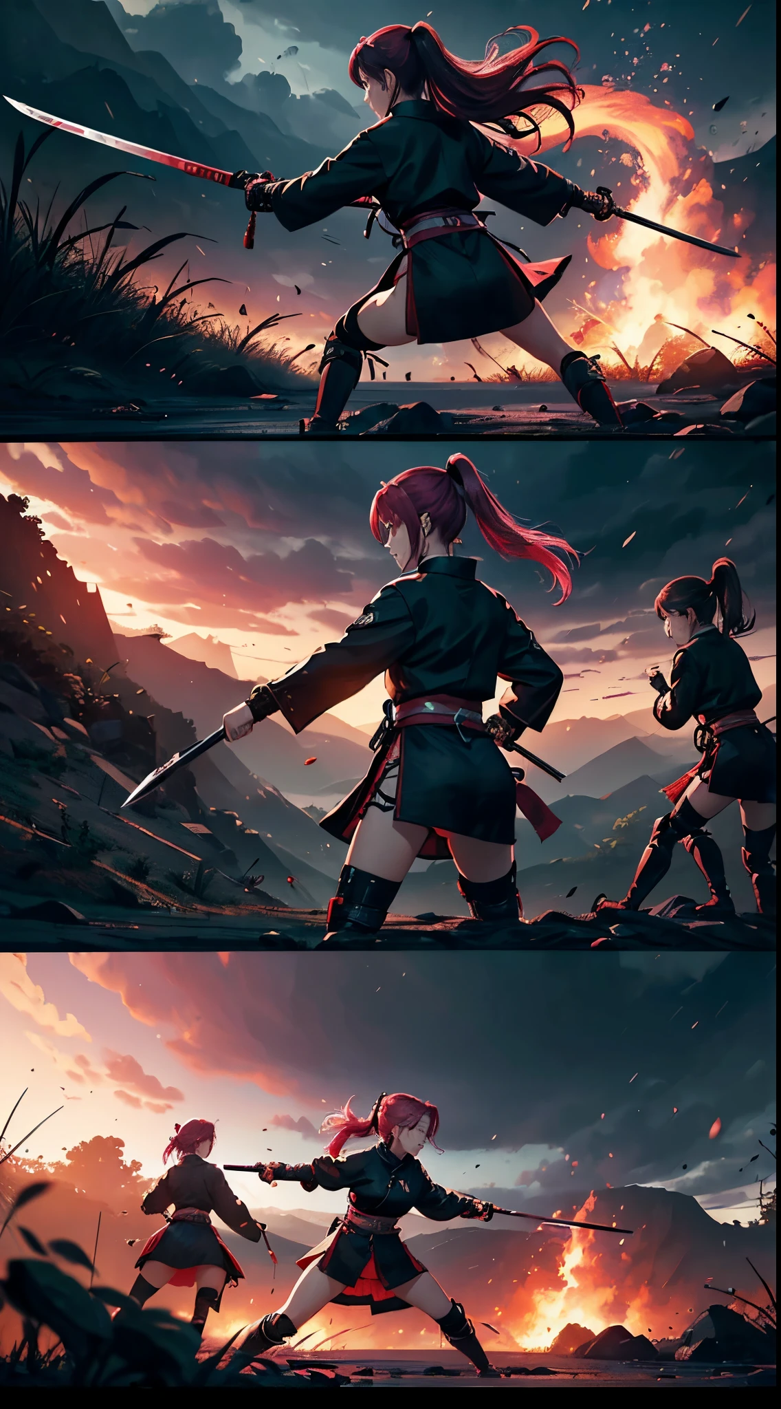 (((Three girls duel))) A red hair female samurai, fighting with her sword against a short black hair female Ninja, and a pink hair Chinese girl is fighting with both girls too, they are all fighting against each other in this Ancient Asian battlefield, dark clouds, a heavy rain falling during the battlein the late afternoon. 4k, unreal engine, cinematic, high quality image