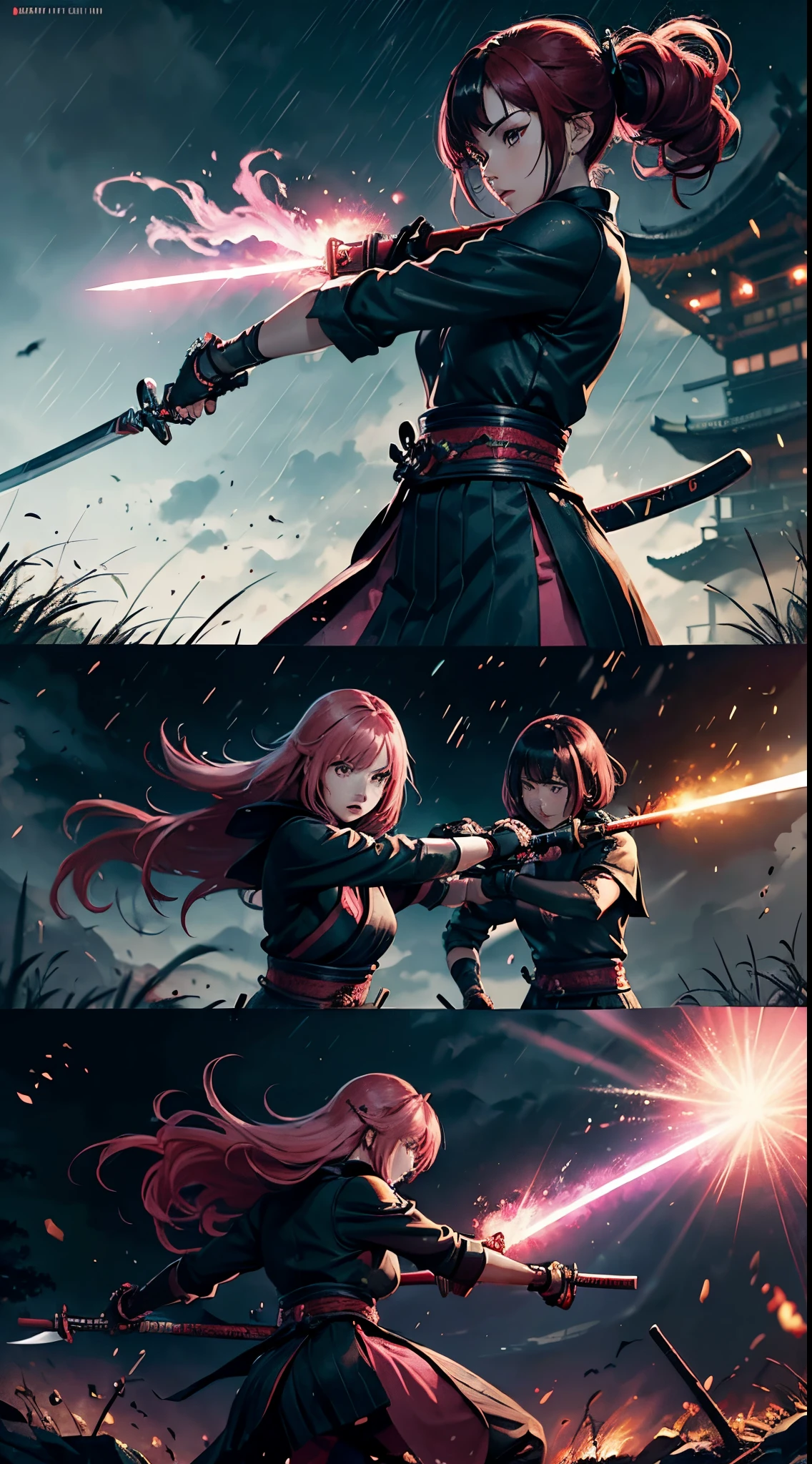 (((Three girls duel))) A red hair female samurai, fighting with her sword against a short black hair female Ninja, and a pink hair Chinese girl is fighting with both girls too, they are all fighting against each other in this Ancient Asian battlefield, dark clouds, a heavy rain falling during the battlein the late afternoon. 4k, unreal engine, cinematic, high quality image