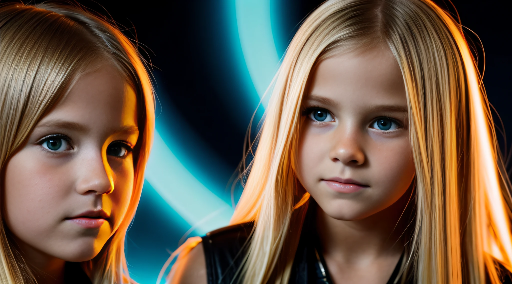there is a young BLONDE CHILD WITH LONG HAIR. fechar para cima, standing in a hallway with neon lights,