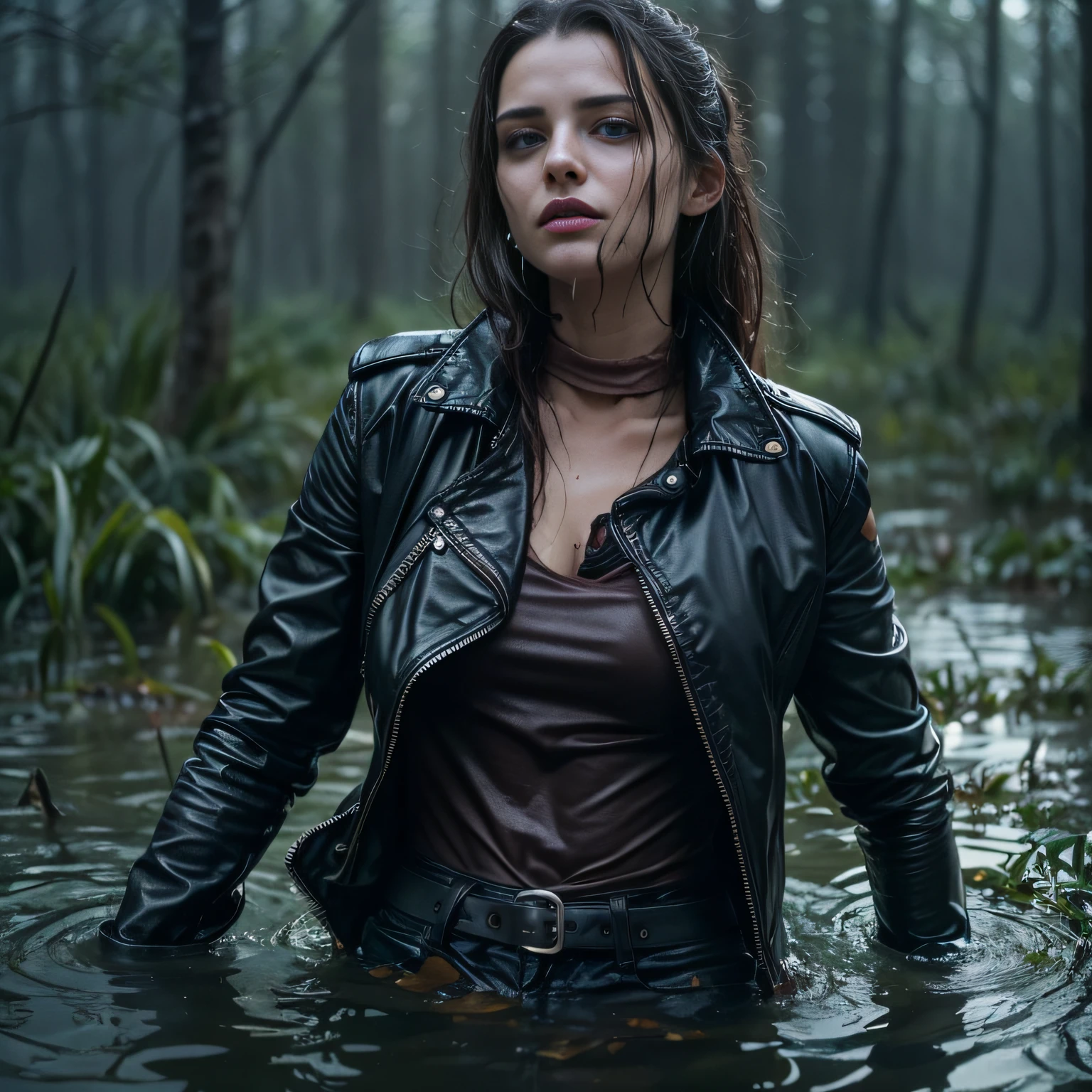 wet heavy leather jacket,Wet flared jeans,turtleneck top,Humiliating pleasure,Forest swamp,drowning in a swamp,Lustful,desire,Seductive expression,Mysterious atmosphere,moody lighting,vicious sexuality,Dmnaya atmosphere,Emotional Intensity,impassioned,Vulnerability,in the grip of lust,sister lovers, dirty sex:1.4,