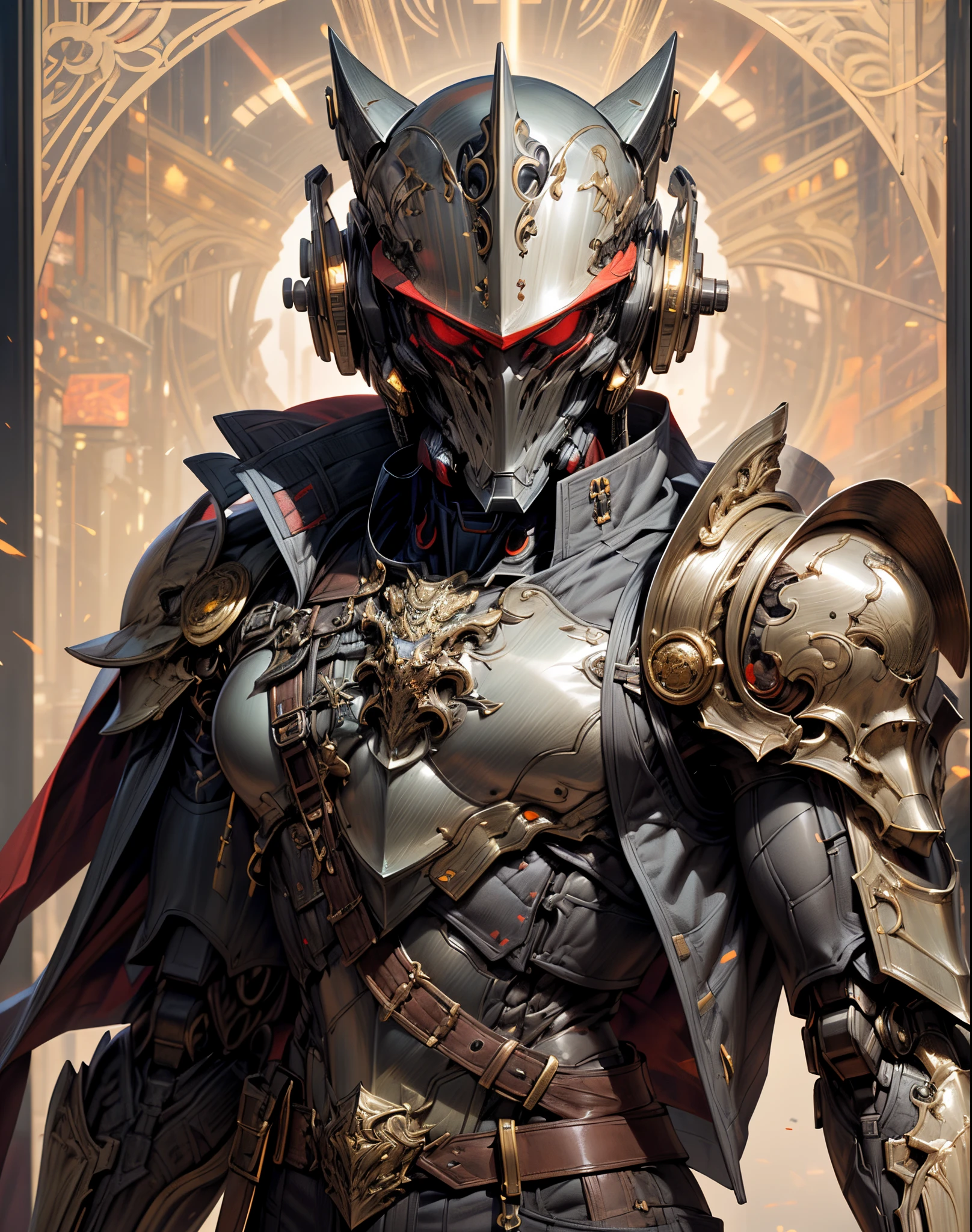(((An epic and visually stunning digital anime masterpiece featuring a sylphlike masculine ((male:1.5)) decorated military wolf soldier clad in a sleek yet tactical armored yet decorated leather military trench coat:1.2))), (((flat masculine male chest:1.5, mechanical mecha wolf knight head with a narrow visor:1.5))), (((the character is adorned in a (scifi tactical armored open front trench coat with a built in exoskeleton, hood pulled up) (over a form fitted armor plated yet super sleek and revealing under suit with waist cut outs), the armor plating on the upper arms and shoulders beautifully engraved))):1.4. The image showcases the intricacies of the character’s armor and clothing:1.5, ((capturing their flamboyant essence and heavy mecha aesthetic:1.2)). The character also possesses an androgynous charm, (((with slim yet heavily muscled physique:1.2, sylphlike with a sleek waist, toned yet beautifully sleek cybernetic arms:1.3, mechanical arms and legs:1.3, mecha muscles:1.3))), looking at viewer, (((brass metal armor and brown leather, dieselpunk:1.3)))