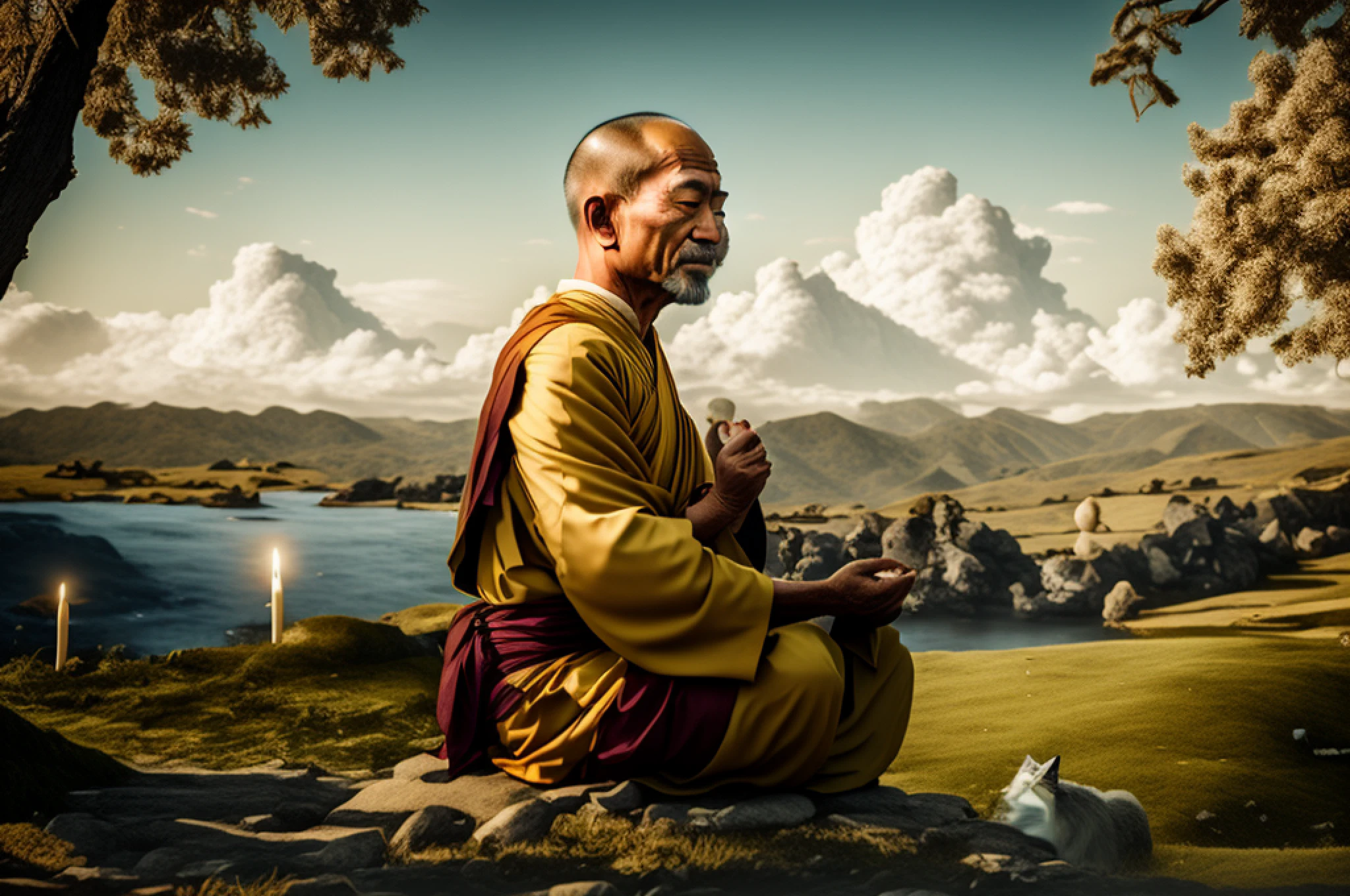 Monge Arafed sentado em uma pedra com um gato na frente dele, monge meditar, Monge Budista meditando, Budista, Monge Budista, Budismo, monge, 2 1 st century monk, roupas de monge, Retrato do monge, Meditando, Fisting de Monge, ancient japanese monk, meditation, Pray in meditation, serenidade, on path to enlightenment, peaceful expression