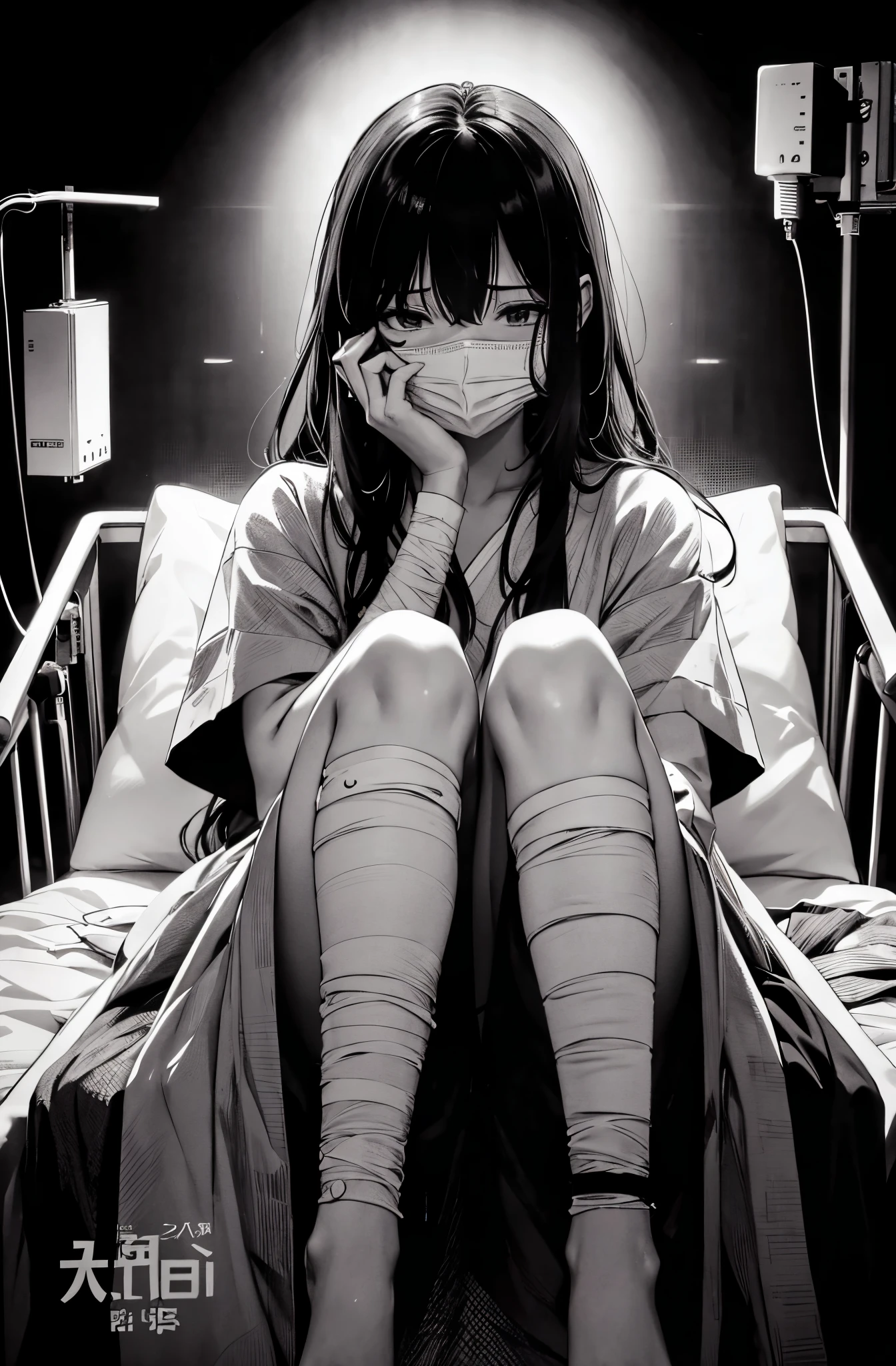 in the style of Chi no Wadachi, manga style, a young woman sitting up in a hospital bed covering face, wearing medical mask, wearing hospital gown, (bandaged limbs), sad, surrounded by darkness, black hair, sad expression, beautiful woman, ((wide shot)), ((centered)), ((from below, distanced)), ((in the distance surrounded by darkness)), sad, full body, ((in colour))