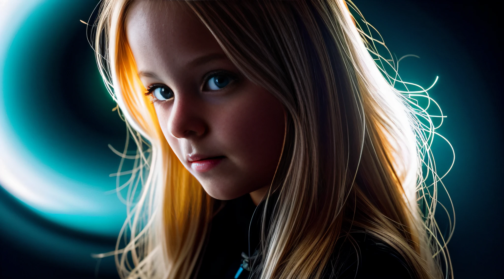 there is a young blonde with long hair. fechar para cima, neon lights, SILUETA DE FUNDO DO BURACO NEGRO