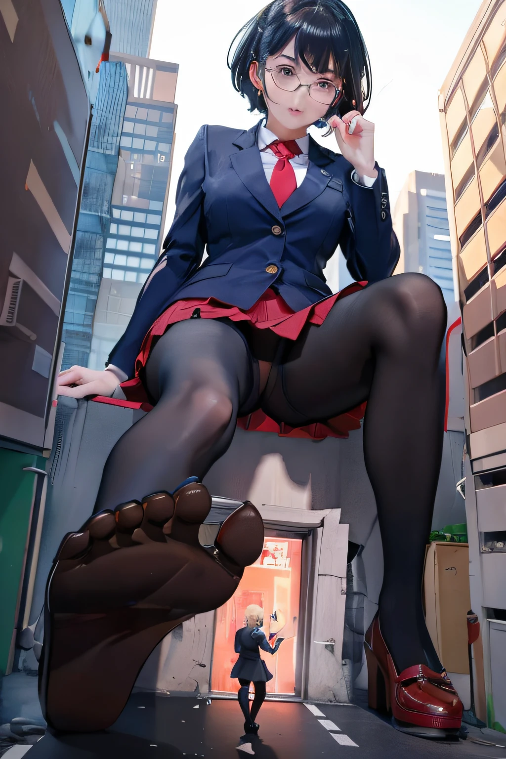giantess art, a hyperrealistic schoolgirl, , highly detailed giantess shot, der riese, Shorthair, Black pantyhose, Giant high school girl that exceeds a skyscraper。Wearing rimless glasses。Colossal tits。Navy blue blazer、Red tie、Mini Length Skirt、Black pantyhose、Pantyhose sole、Pantyhose Toe、hands off shoes。very small metropolis。My crotch is pressed against the corner of a miniature building.。Horn masturbation。Full body depiction。gigagts, der riese, Black pantyhose, Pantyhose legs, Pantyhose legs, ,crash city,Small town,micro city,build sex,