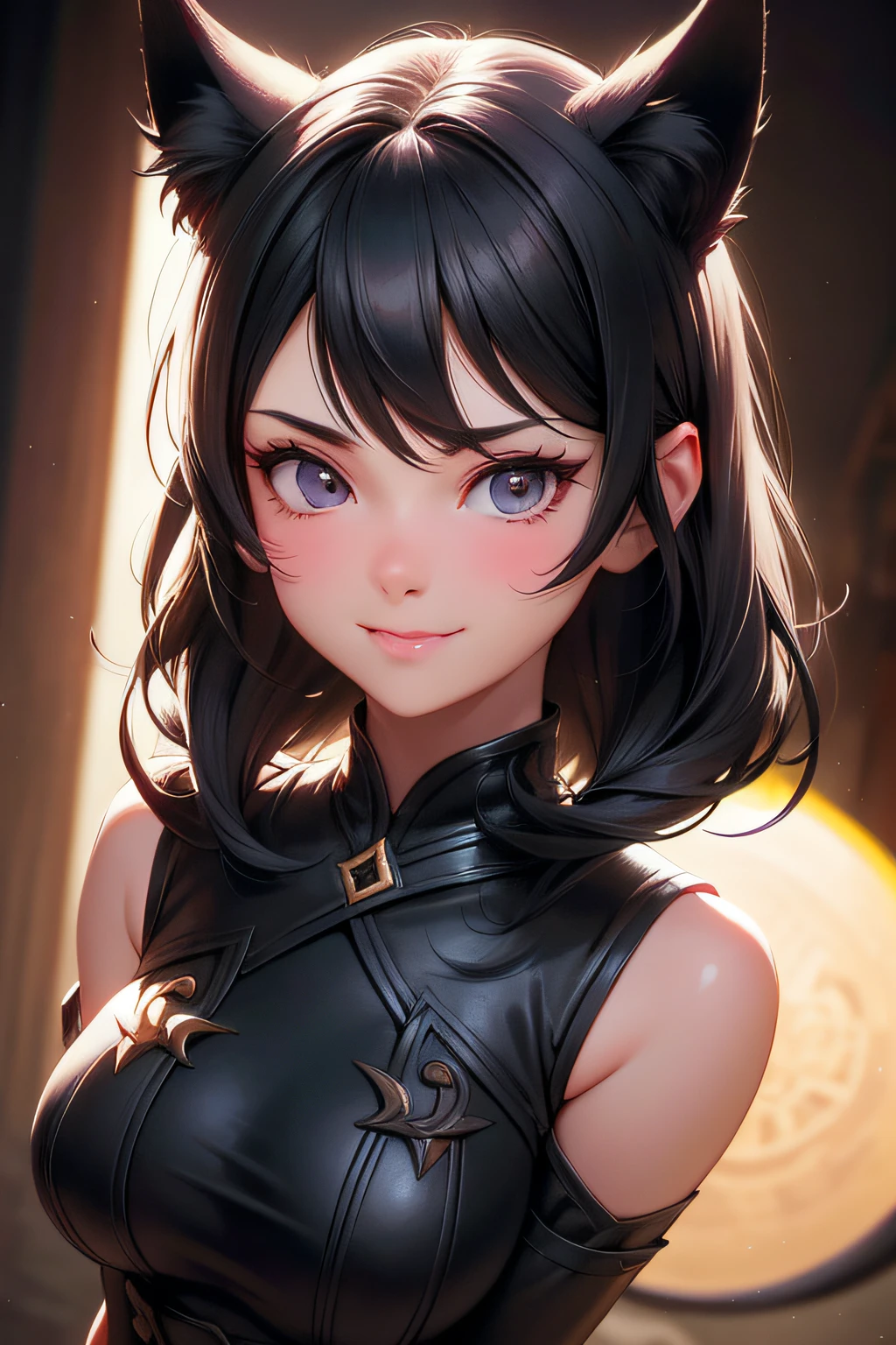 black hair, hair bobbles, wince, long eyelashes, solid circle eyes, fake animal ears, light smile, ear blush, fang, drop shadow, anaglyph, tachi-e, pov, atmospheric perspective, Art Deco, Dutch Golden Age painting, depth of field, anime style, Art Deco, backlighting, modern, Surrealism, 8k, super detail, accurate, best quality, anatomically correct, award-winning, HD, accurate, anatomically correct, super detail, 8k