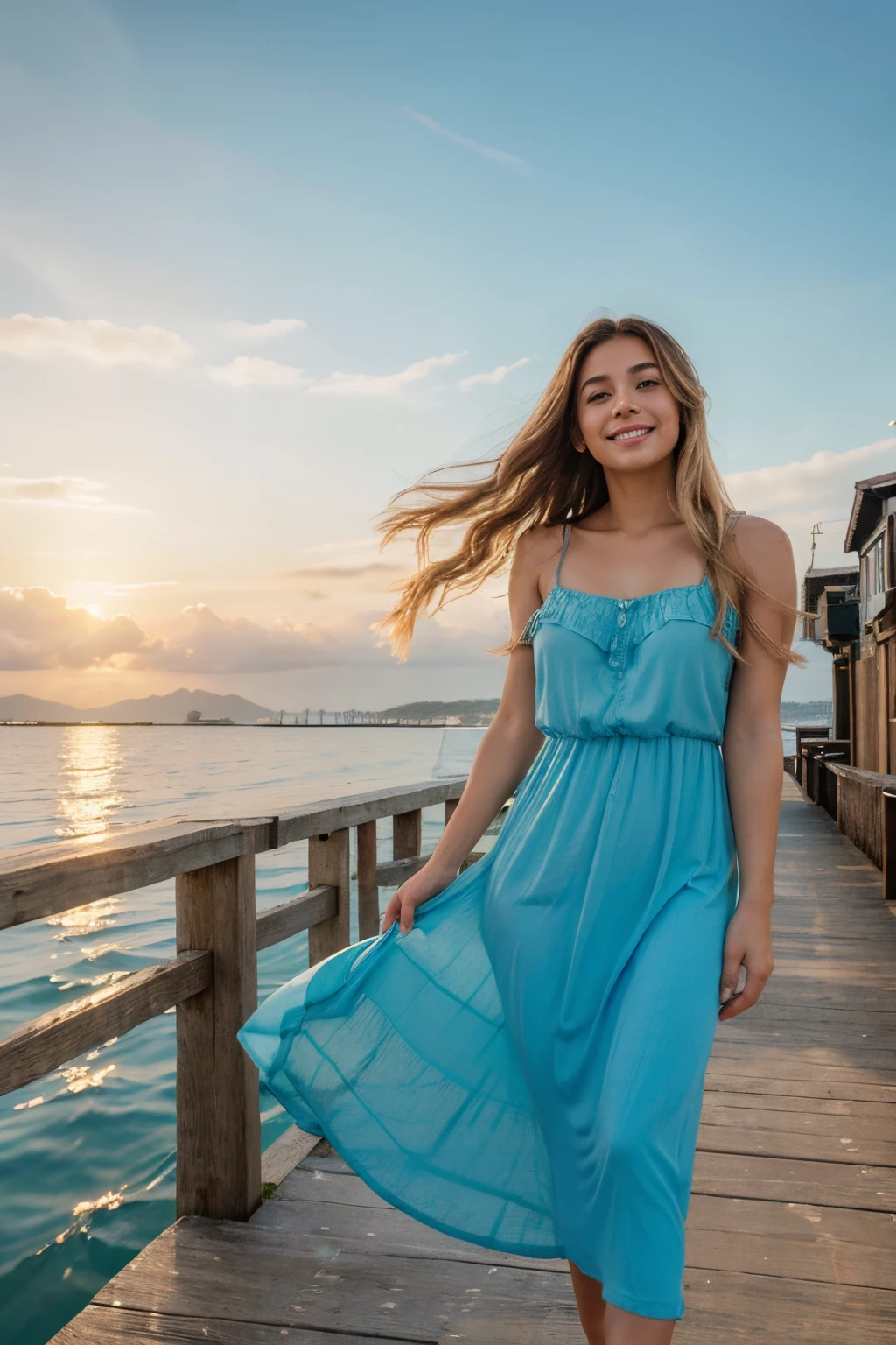 (best quality,4k,8k,highres,masterpiece:1.2),ultra-detailed,realistic:1.37,portrait,Latina,woman,30-year-old,long blonde hair,honey-colored eyes,smiling,standing on a pier,looking out over the bay,beautiful detailed eyes,beautiful detailed lips,eyebrow shape:1.1,longeyelashes,pier made of wood,blue water,sparkling sunlight,gentle breeze,warm sunlight,summer dress,flowing hair,vibrant colors,natural lighting,long flowing dress,reflection of sunlight on the water,captivating facial expression,gorgeous smile,soft waves crashing against the pier,seagulls flying in the distance,enjoying the peaceful scenery,dreamy and ethereal atmosphere,serene and tranquil mood,blissful and content gaze,pier stretching into the horizon,crystal-clear sky,golden hour lighting,serene blue sea,calm and peaceful bay,serenity and tranquility,scenic coastal view,beauty of nature,sun-kissed complexion,warm and inviting ambiance,instilling a sense of calm and serenity.