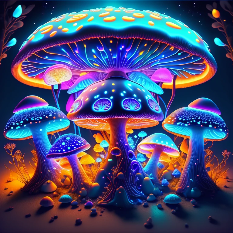 mushrooms are glowing in the dark with glowing lights on them, glowing mushrooms, glowing blue mushrooms, neon mushrooms, glowing blue mushrooms in mire, magic mushrooms, bioluminescent mushrooms, psychedelic mushrooms dream, magic mushroom, psychedelic mushrooms, glowing fungus, fluorescent mushrooms, glowing spores flying, shrooms, mushrooms milky way, mushroom fractals, translucent mushrooms
