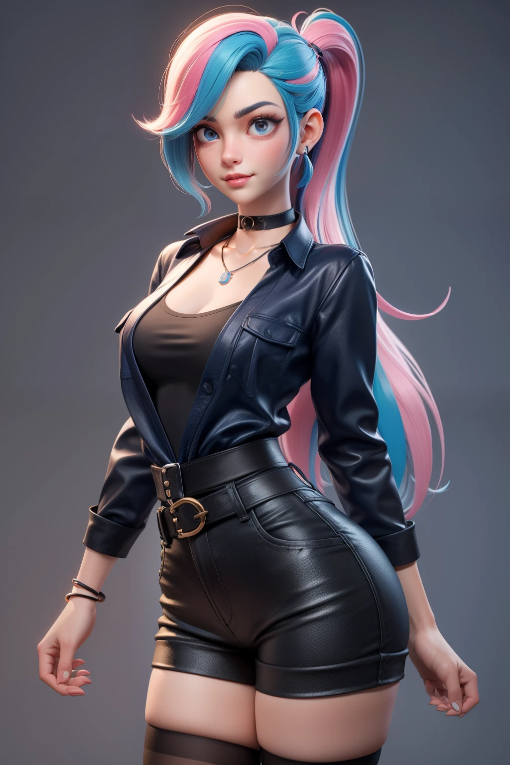 1girl, teenager, solo, (Inigo blue two-tone hair, waist length very very long straighthair: 1.15), shy face, (half lidded eyes: 1.21), necklace, clear perfect skin, jewelry, realistic, medium breasts, simple background, looking away, (tight black shirt, choker, ripped shirt, short shorts, thigh high stockings, plad sneakers: 1.11), masterpiece, best quality,3d rending work ,3DMM style, close-up, portrait, 3D,