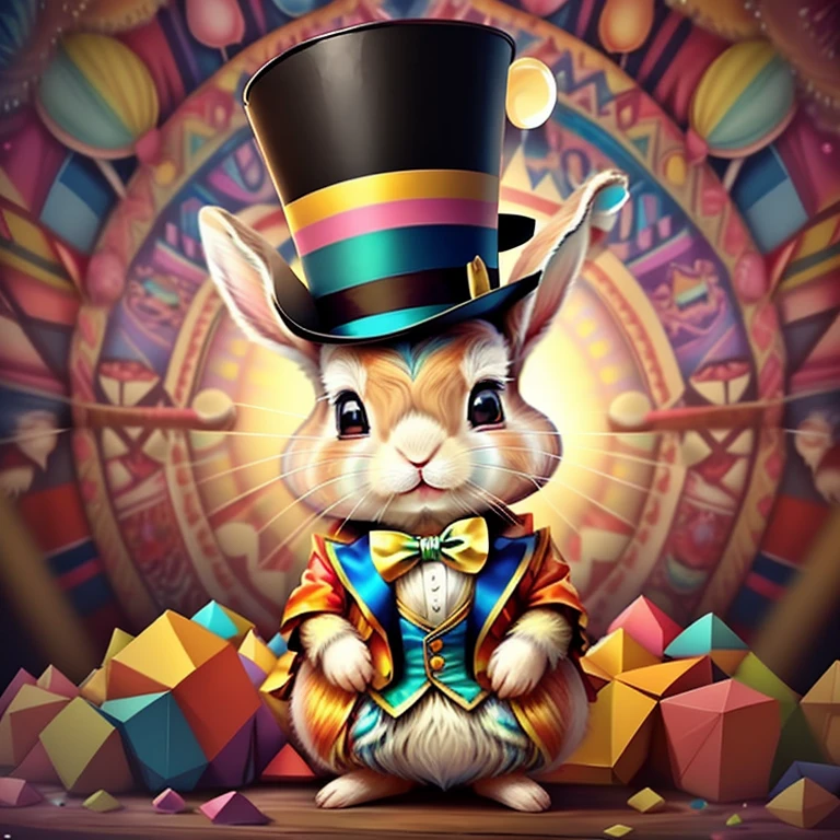 (cute baby rabbit with top hat in the circus),(melhor pose),(best angle), (better expression), Eduardo Kobra acolchoamento ,multidimensional geometric wall PORTRAIT, arte, Chibi,
Yang08k, lindo, Colouring,
Primary works, qualidade superior, melhor qualidade, Arte Oficial, Beautiful and Aesthetic, pelos coloridos,
