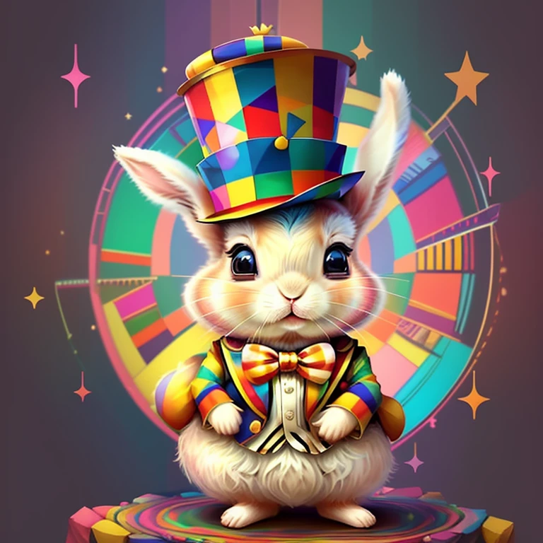 (cute baby rabbit with top hat in the circus),(melhor pose),(best angle), (better expression), Eduardo Kobra acolchoamento ,multidimensional geometric wall PORTRAIT, arte, Chibi,
Yang08k, lindo, Colouring,
Primary works, qualidade superior, melhor qualidade, Arte Oficial, Beautiful and Aesthetic, pelos coloridos,