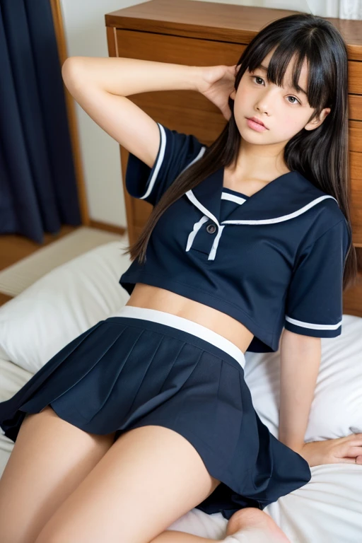 photoRealistic:1.1、1 girl、(Lying in bed、Japanese girl shows off her panties:1.1)、((Please lie on your back:1.4))、(Sailor suit、紺色のプリーツskirt、Black socks)、Wet Panties、(Floral print small silk panties)、Realistic、skirt、Realistic skin texture、Realistic、(アップskirt、skirtリフト)、Highest quality、masterpiece:1.3、Ultra-high resolution、(View from below:1.5、Panties close up:1.5)、Embarrassed look、((Spread your legs out to the side:1.4))、((Audience:1.4))、Bold Pose、Realistic skin texture