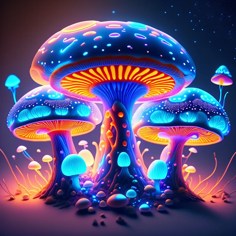 mushrooms are glowing in the dark with glowing lights on them, glowing mushrooms, glowing blue, orange, grey mushrooms, pastel neon mushrooms, glowing blue mushrooms in mire, magic mushrooms, bioluminescent mushrooms, psychedelic mushrooms dream, magic mushroom, psychedelic mushrooms, glowing fungus, fluorescent mushrooms, glowing spores flying, shrooms, mushrooms milky way, mushroom fractals, translucent mushrooms