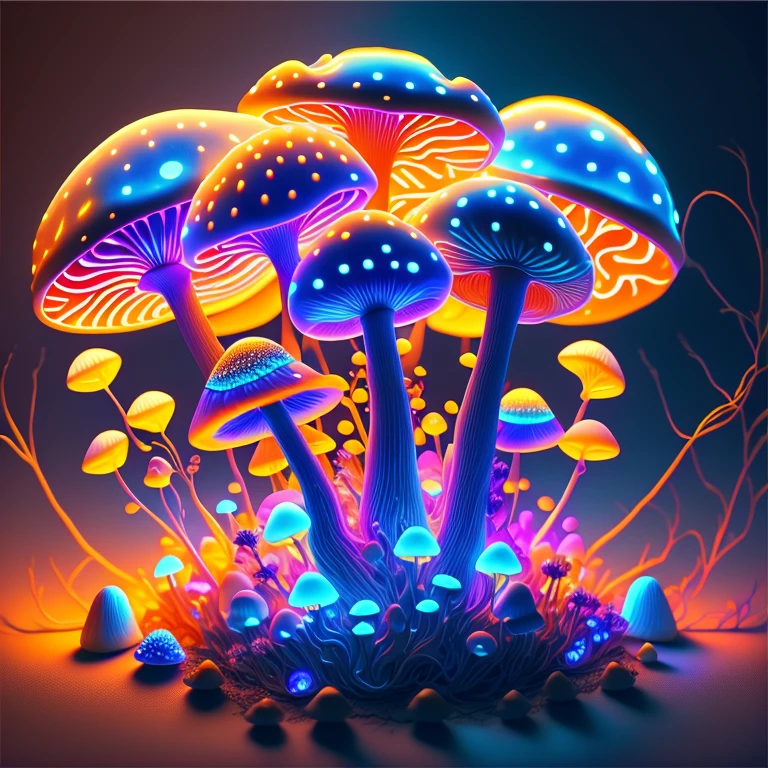 mushrooms are glowing in the dark with glowing lights on them, glowing mushrooms, glowing blue, orange, grey mushrooms, pastel neon mushrooms, glowing blue mushrooms in mire, magic mushrooms, bioluminescent mushrooms, psychedelic mushrooms dream, magic mushroom, psychedelic mushrooms, glowing fungus, fluorescent mushrooms, glowing spores flying, shrooms, mushrooms milky way, mushroom fractals, translucent mushrooms
