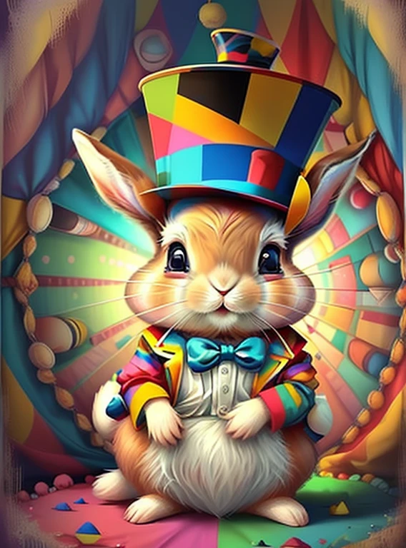 (cute baby rabbit with top hat in a circus tent),(melhor pose),(best angle), (better expression), Eduardo Kobra acolchoamento ,multidimensional geometric wall PORTRAIT, arte, Chibi,
Yang08k, lindo, Colouring,
Primary works, qualidade superior, melhor qualidade, Arte Oficial, Beautiful and Aesthetic, pelos coloridos,