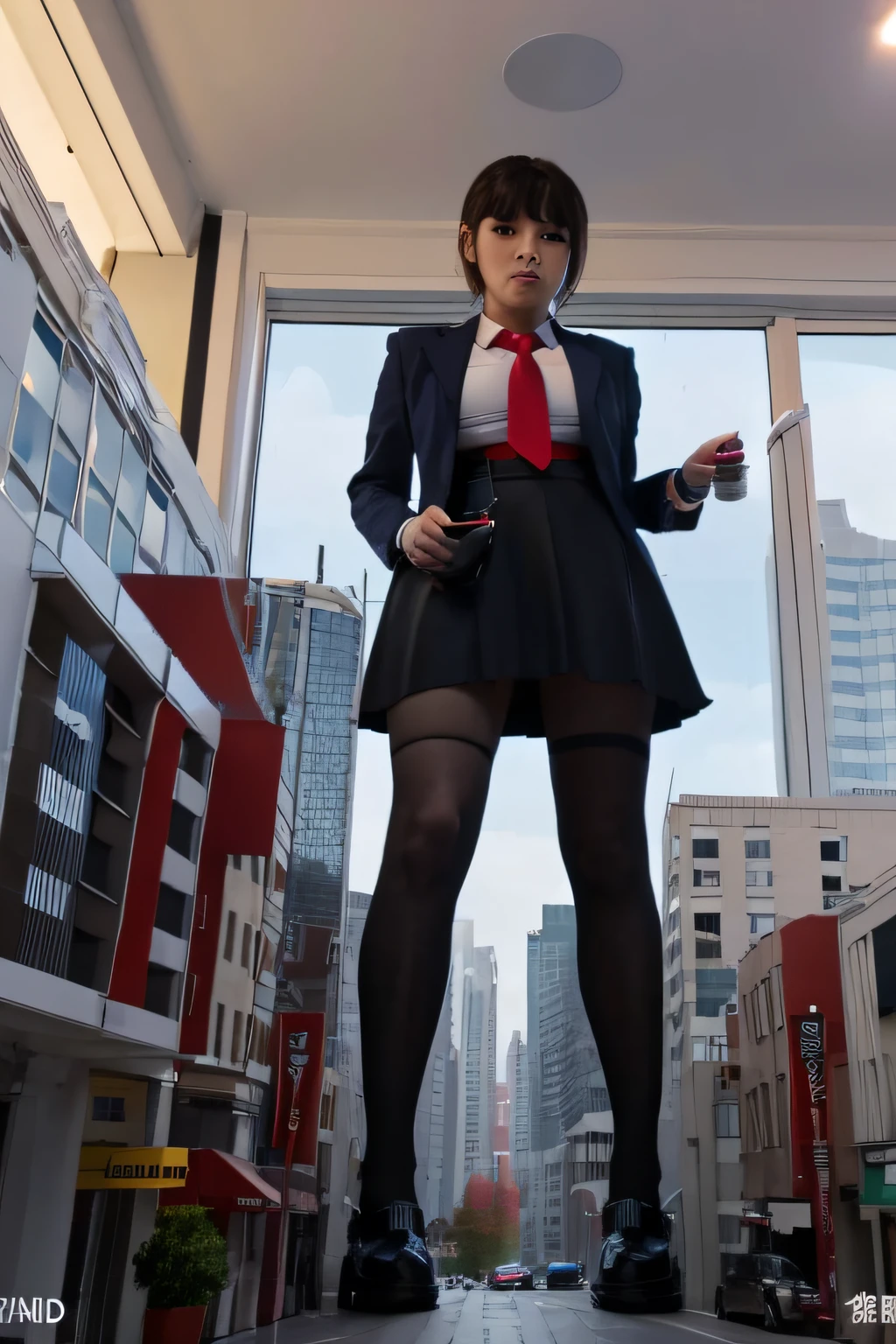 giantess art, a hyperrealistic schoolgirl, , highly detailed giantess shot, der riese, Shorthair, Black pantyhose, Giant high school girl much bigger than a skyscraper。Wearing rimless glasses。Colossal tits。Navy blue blazer、Red tie、Mini Length Skirt、Black pantyhose、I'm not wearing shoes.。very small metropolis。miniature metropolis。In a miniature metropolis just a few feet tall.、squatting and urinating。tsunami of urine。Small trains and cars are washed away with urine.。Full body depiction。nffsw, der riese, Black pantyhose, Pantyhose legs, Pantyhose feet, ,Stomping City,crash city,Small town,micro city, Peeing,