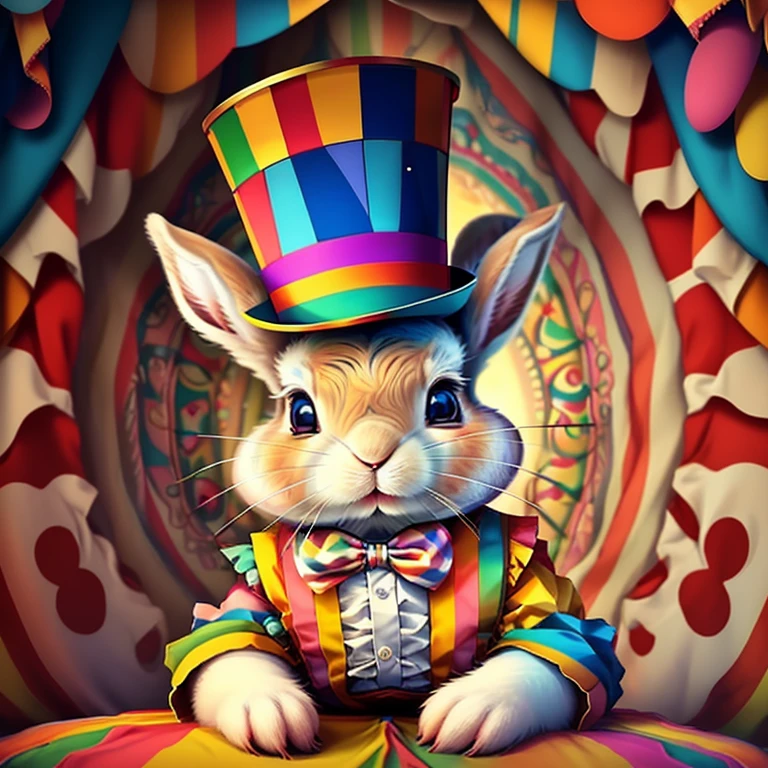 (cute baby rabbit with top hat in a circus tent),(melhor pose),(best angle), (better expression), Eduardo Kobra acolchoamento ,multidimensional geometric wall PORTRAIT, arte, Chibi,
Yang08k, lindo, Colouring,
Primary works, qualidade superior, melhor qualidade, Arte Oficial, Beautiful and Aesthetic, pelos coloridos,