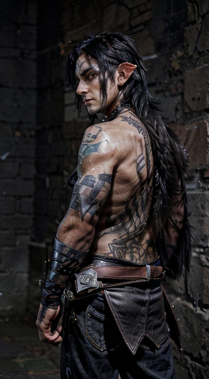 A man with short blue-black hair, like a raven's feathers, and violet eyes with flecks of silver like starlight and strong wicked features. His ears are pointed like an elf's, and he has large bat wings sprouting from his back. Lines of tattoos are on his bare chest, snaking down to his black leather jeans.