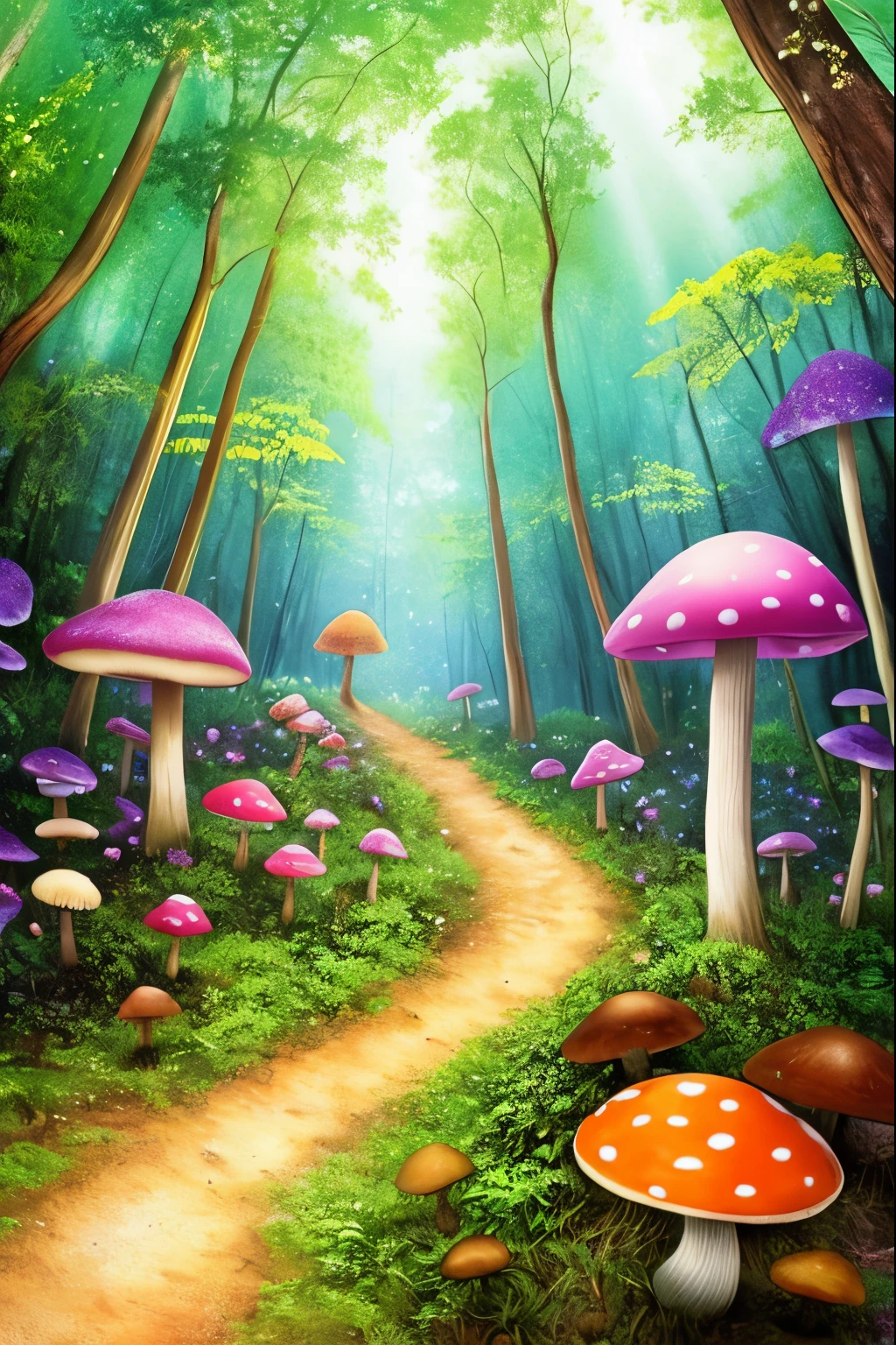 there are many mushrooms that are growing on the ground in the woods, mushroom forest, whimsical fantasy landscape art, magical forest backround, magic mushrooms, magical fantasy forest, magical forest background, fantasy forest landscape, fantasy forest background, enchanted magical fantasy forest, background artwork, fantasy forrest background, magic mushroom, colorful concept art, elf forest background, mushroom trees, magical forest