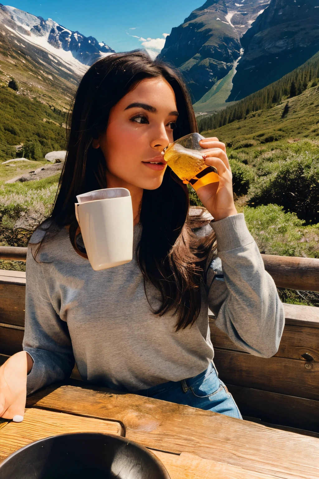 beautiful brunette girl, instagram photo, realistic, real, in the mountains, drinking tee