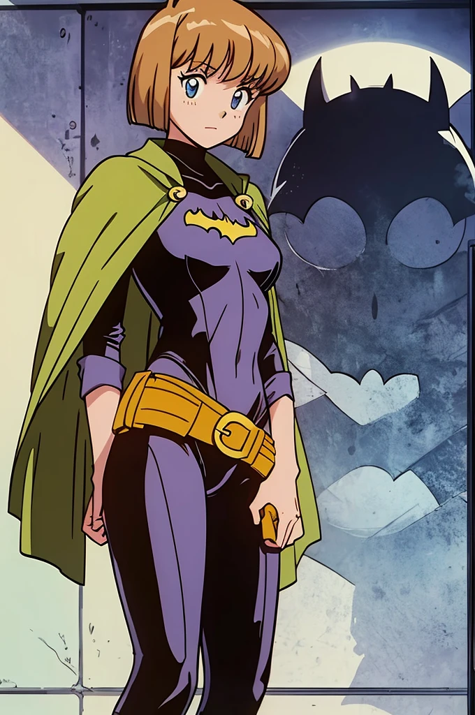 Hosokawa Miki, (tight bodysuit:1.2), batman custom , standing , cowboy shot,belt, cape