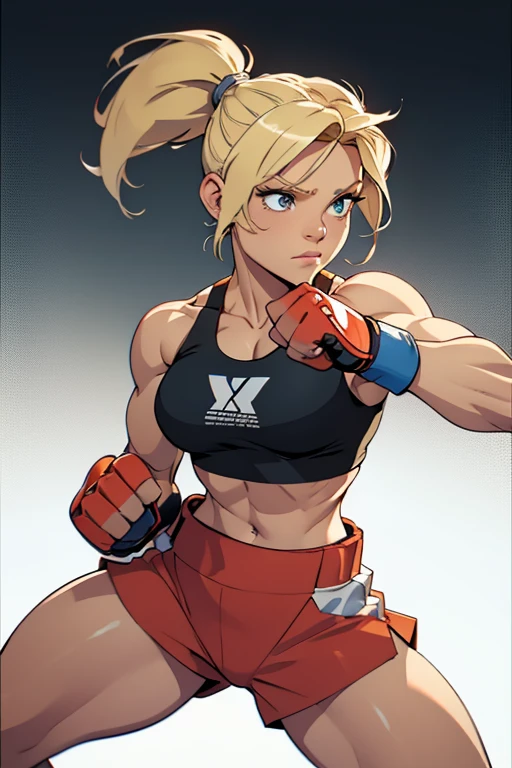 A beautiful strong barefoot woman, with blonde hair in a ponytail, wearing short and a croptop, with hands in armwrapps raised in a boxing stance, looking confident.
