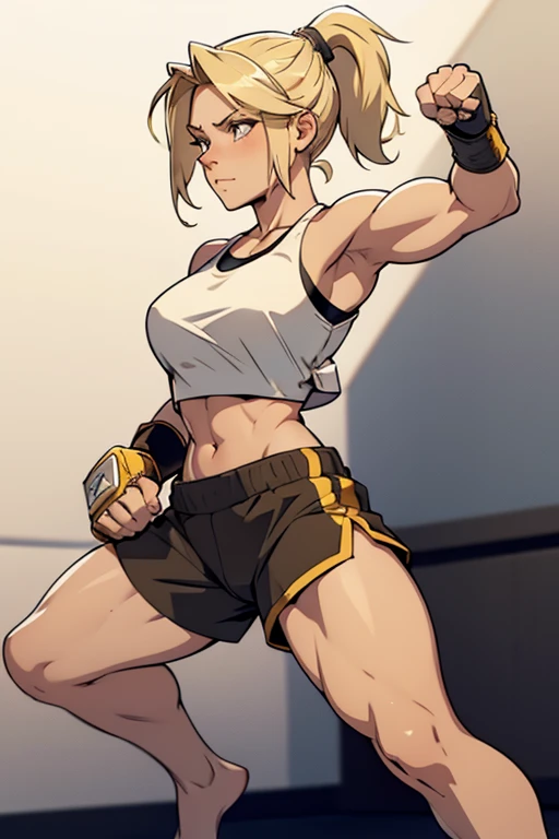 A beautiful strong barefoot woman, with blonde hair in a ponytail, wearing short and a croptop, with hands in armwrapps raised in a boxing stance, looking confident.
