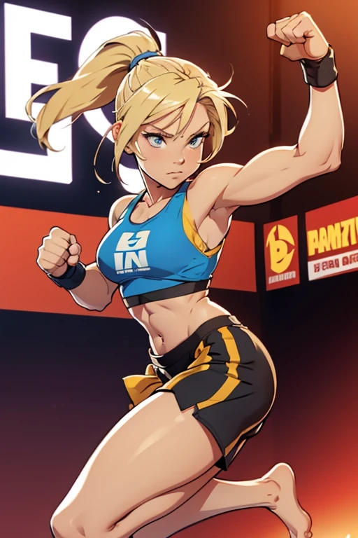 A beautiful strong barefoot woman, with blonde hair in a ponytail, wearing short and a croptop, with hands in armwrapps raised in a boxing stance, looking confident.