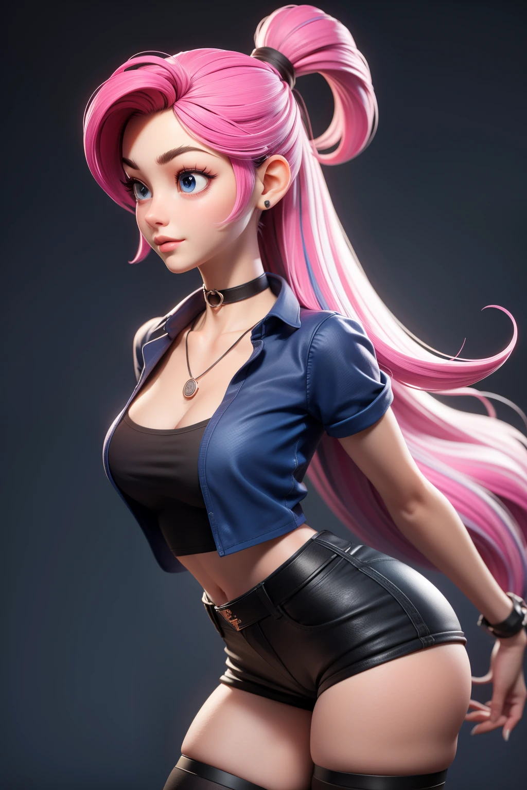 1girl, ager, solo, (indigoblue and pink two-tone hair, waist length very very long straighthair: 1.15), shy face, (half lidded eyes: 1.21), necklace, clear perfect skin, jewelry, realistic, medium breasts, simple background, looking away, (tight black shirt, choker, ripped shirt, short shorts, thigh high stockings, plad sneakers: 1.11), masterpiece, best quality,3d rending work ,3DMM style, close-up, portrait, 3D,