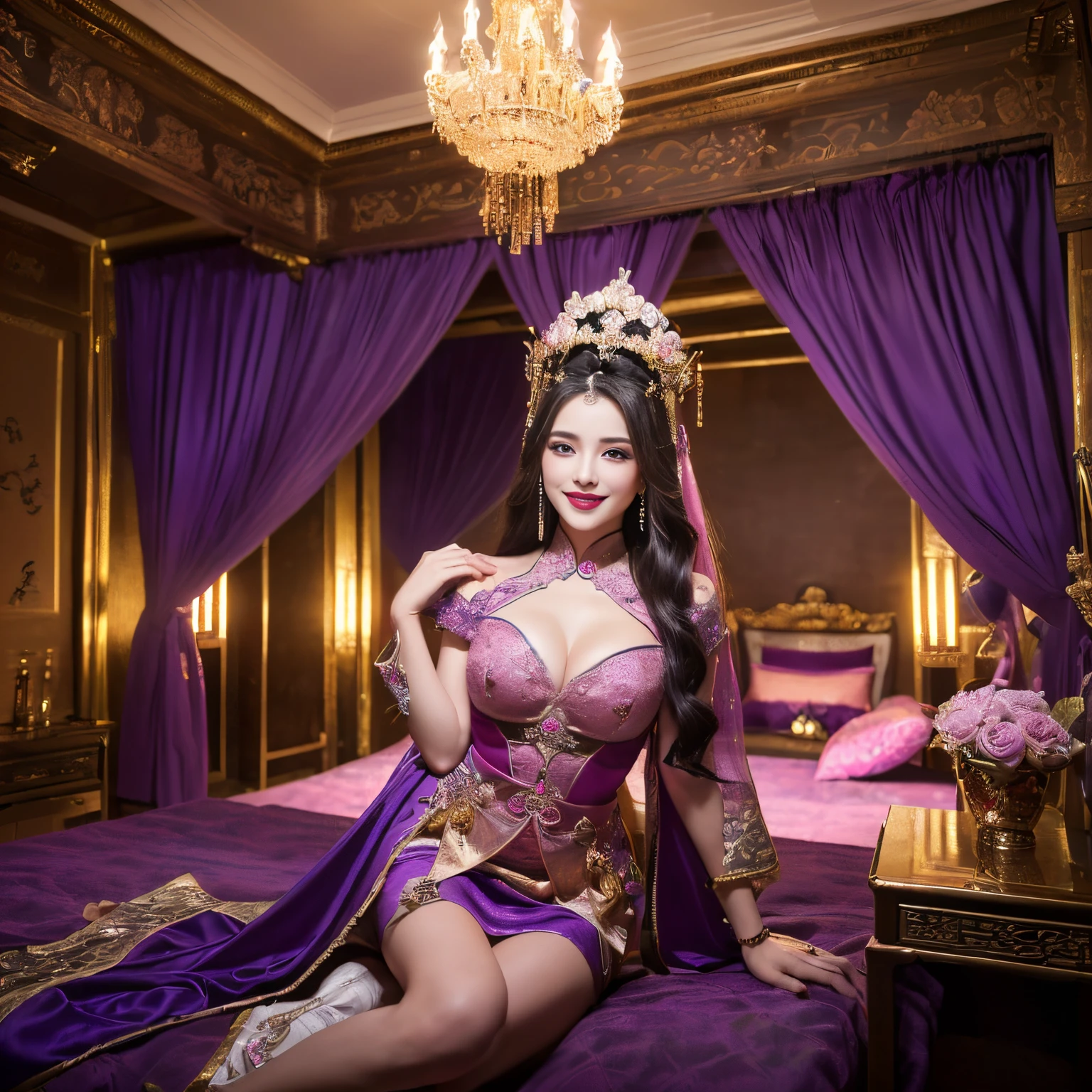 ((top-quality、masutepiece、8K、Top image quality、Highly complex and detailed depictions))、(the most gorgeous courtesan goddess:1.1)、((The most gorgeous prostitute goddess huge costume、The most vivid and luxurious Chinese costumes、big long chinese goddess costume、The unimaginably luxurious bedroom of a goddess、purple and pink gems、(purple and pink goddess bedroom:1.3)、(romantic dark night:1.2)、(pink and purple lighting:1.2)、spectacular movie lighting、A glittering room decorated with jewels、The most luxurious and sparkling goddess&#39;s bedroom、mid night、Very complex decoration、very clear chinese goddess bedroom、(View me、Bewitching smile、Perfect makeup、long eyelashes、lipsticks、Pink eyeshadows、perfect anatomia、Biggest smile)、(huge beautiful curtains:1.1)、(The most elaborate goddess room:1.2)、(A professionally designed, unified room interior:1.3)